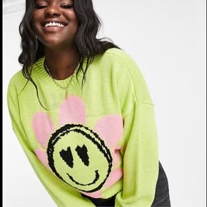 ASOS DESIGN Curve Lime Green Smiley Flower Knit Sweater Pullover Oversized US 24